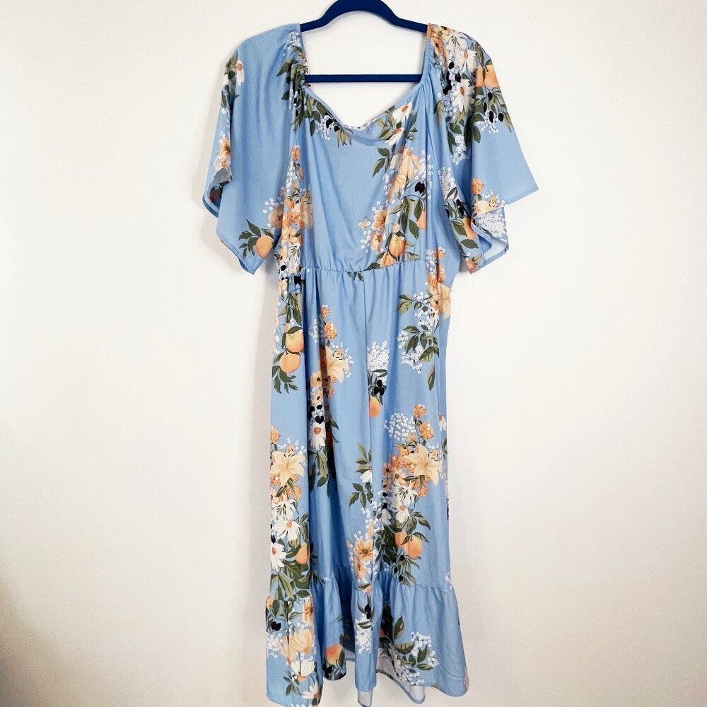 Floral Fruit Blue Plus-Size Dress with Ruffle Hem - Size 14-16 Garden Party - Picture 3 of 6